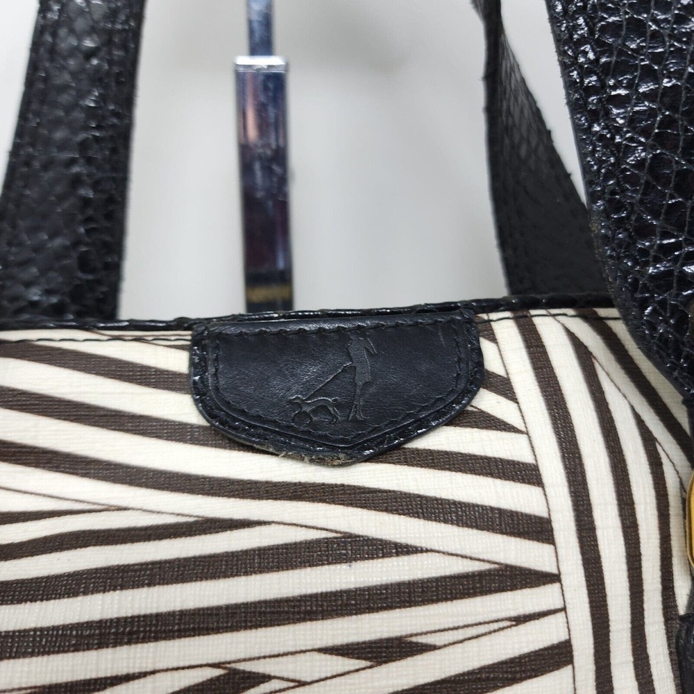 Henri Bendel Laptop Bag Disturbed Stripe Brown Black Canvas Leather Briefcase - Picture 13 of 16